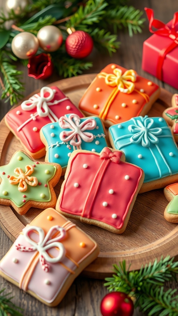 Decorated Christmas gift cookies shaped like presents, with colorful icing and sprinkles on a wooden table.